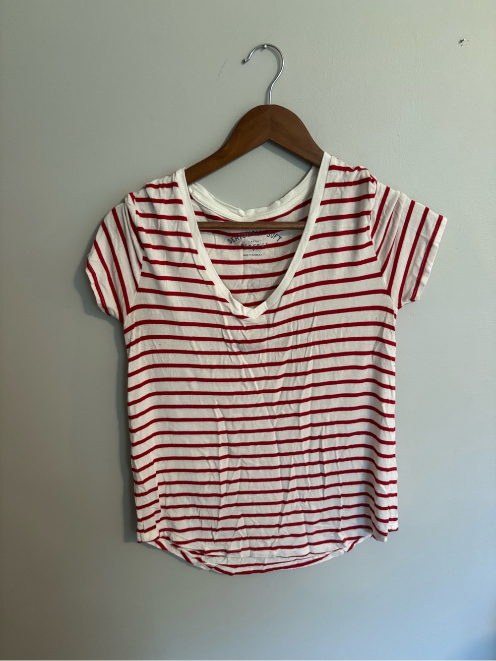 American Eagle Outfitters Red & White Striped V-Neck Tee